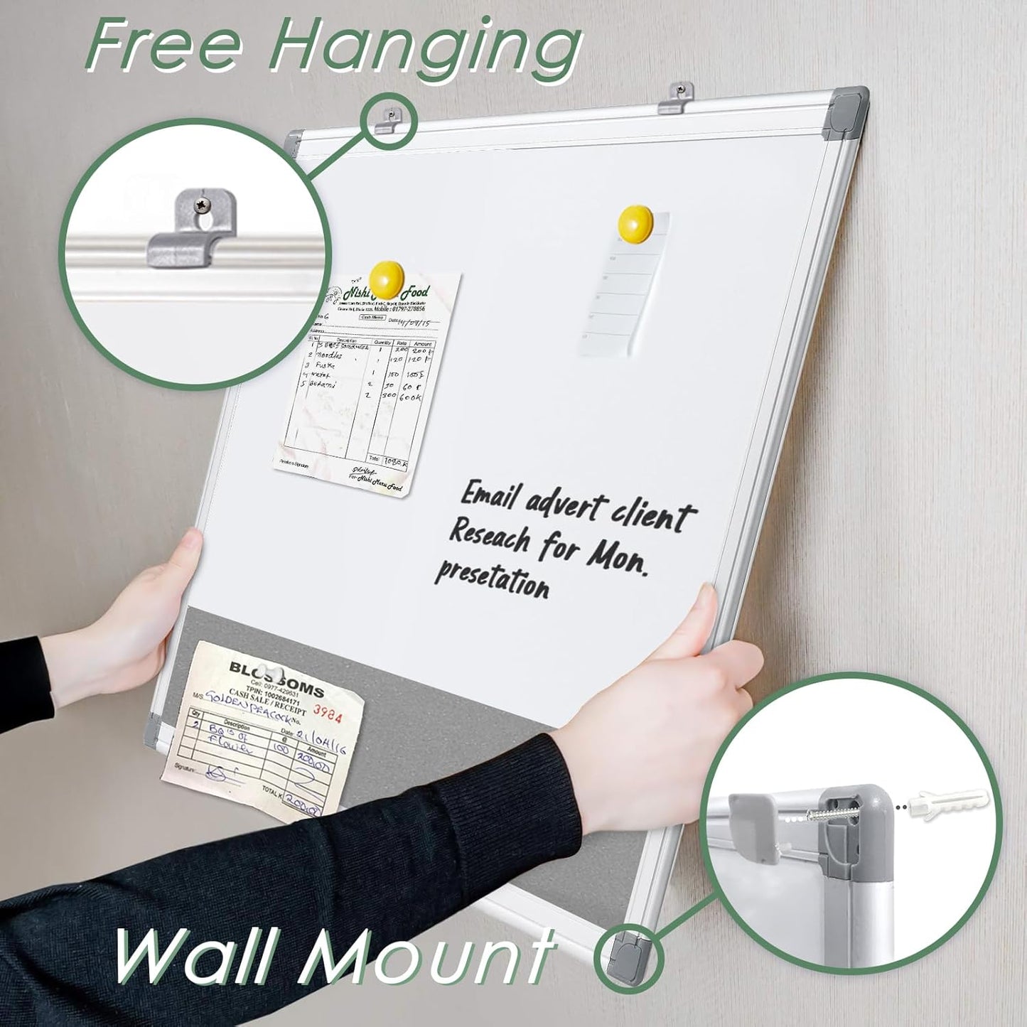 Combo Dry Erase Bulletin Board Wall Mounted Whiteboard and Pin Board Vision Board for Home Kitchen School Office College,Whiteboard & Felt Gray,36x24inches