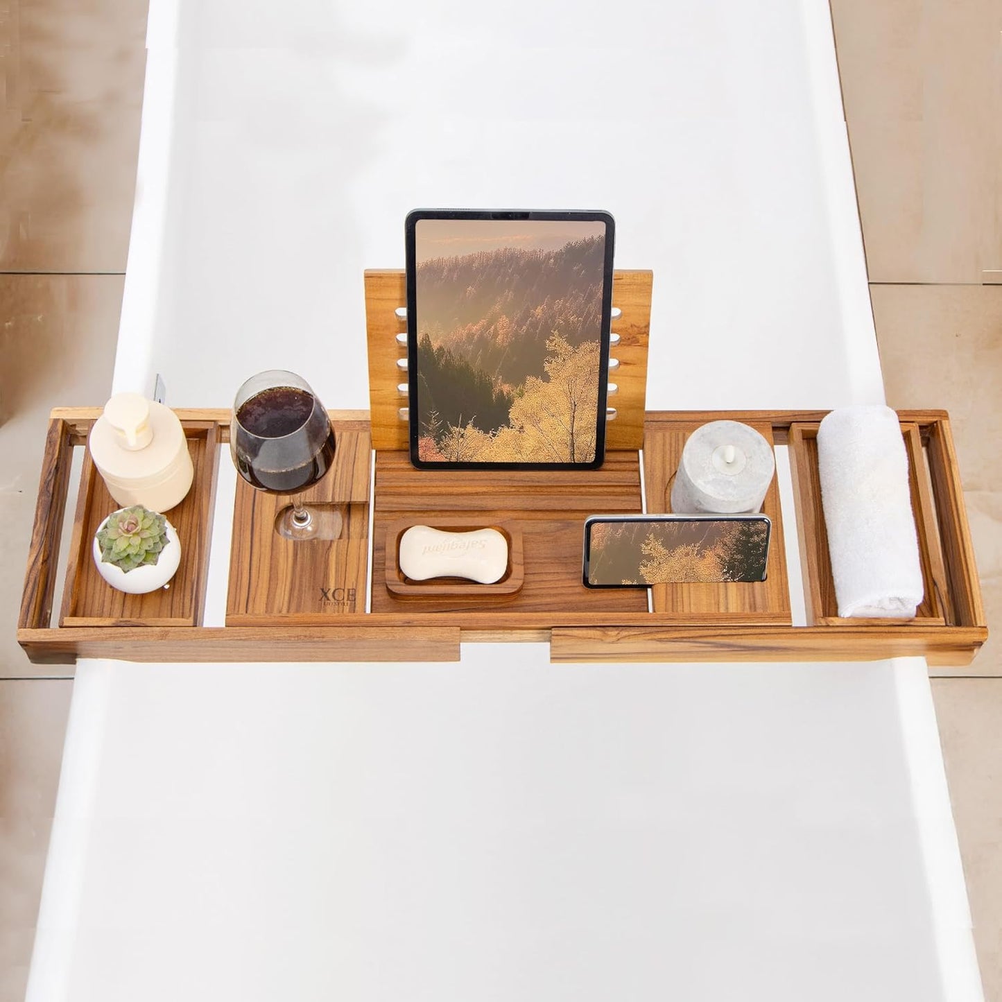 XcE Teak Bathtub Tray Expandable to 105cm with Solid Book Stand and Soap Tray, Teak