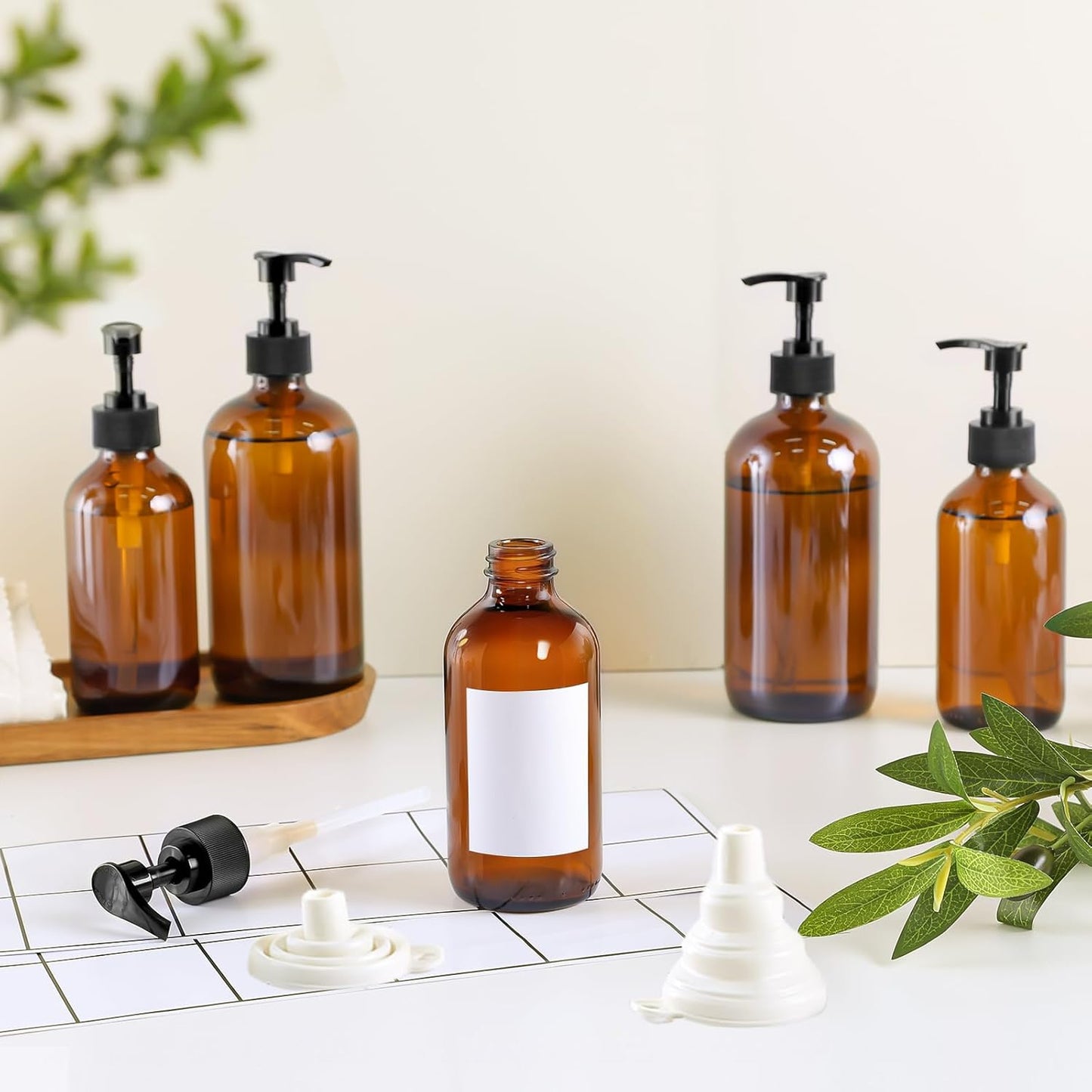 12 Pack Amber Glass Bottles 8oz with Pump Dispensers, Refillable Empty Pump Bottles for Bathroom, Kitchen, Shampoo, Soap, Lotion – Includes 2 Funnels & 12 Labels