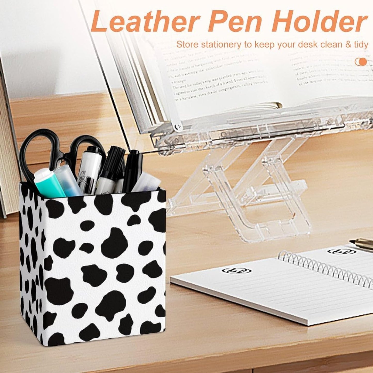 Square Pen Holder & Pencil Organizer for Desk - Office Storage Organizer, Markers/Makeup Brushes/Scissors Holder, Compact Desk Decor Accessories for Home Classroom School(Cows Print)