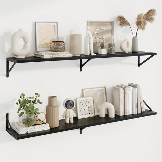 Axeman Deep Floating Shelves for Wall - 55 Inch Wide x 10 Inch Deep Black Floating Shelves Set of 2 - Wide Wall Shelves for Living Room Bathroom Bedroom