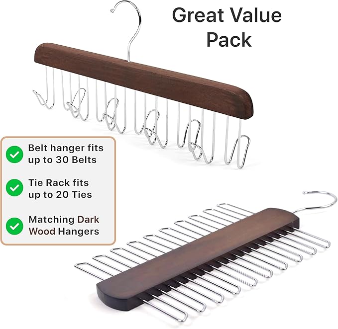 Umo Lorenzo Premium Wooden Tie and Belt Hanger - Gift Set for Men - Walnut Wood Organizer and Storage Rack