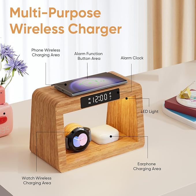 Wireless Charger Station for Samsung with Digital Alarm Clock, Fast Wireless Charging Station with LED Night Llight for Samsung&Android Phone, Wireless Phone Charger Station Only for Samsung Watch
