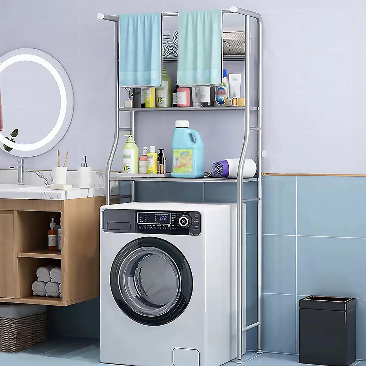 Over The Washer And Dryer Storage Shelf, 3-Tiers Over Dryer Storage Organizer for Space-Saving, Over Dorm Fridge Shelving Unit for Laundry Room Bathroom (Silver)