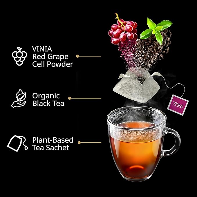 VINIA English Breakfast Black Tea Bags, Made with Organic Tea, Infused with Piceid Resveratrol for Heart Health, Nitric Oxide, Physical Energy, Alertness, Blood Flow, Keto, Kosher, NON-GMO. 30 Ct