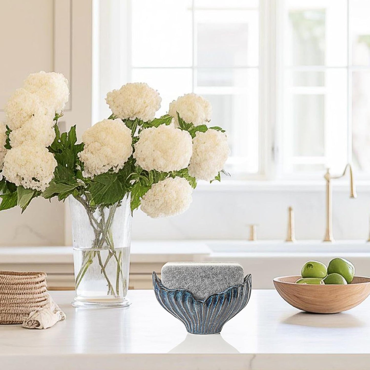 Sponge Holder for Kitchen Sink, Ceramic Sponge Holder with Fishtail Design, Sink Sponge Holders Caddy Organizer for Countertop, Farmhouse Kitchen Decor, Compact Sponge Holders(Blue)