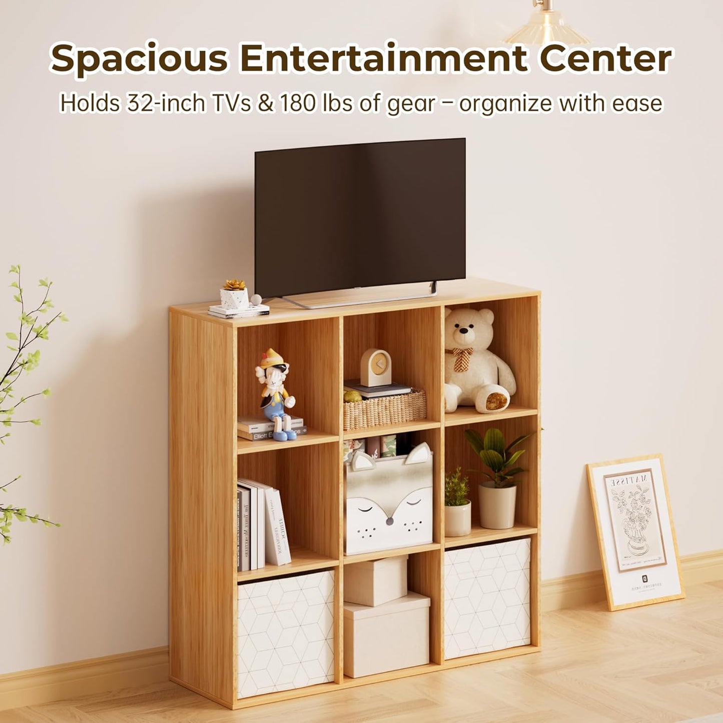 Cube Storage Organizer with Back Panel, 11" x 11" Cubby Shelf, Bookshelf for Home Office, Living Room, Bedroom (Natural, 9-Cube)