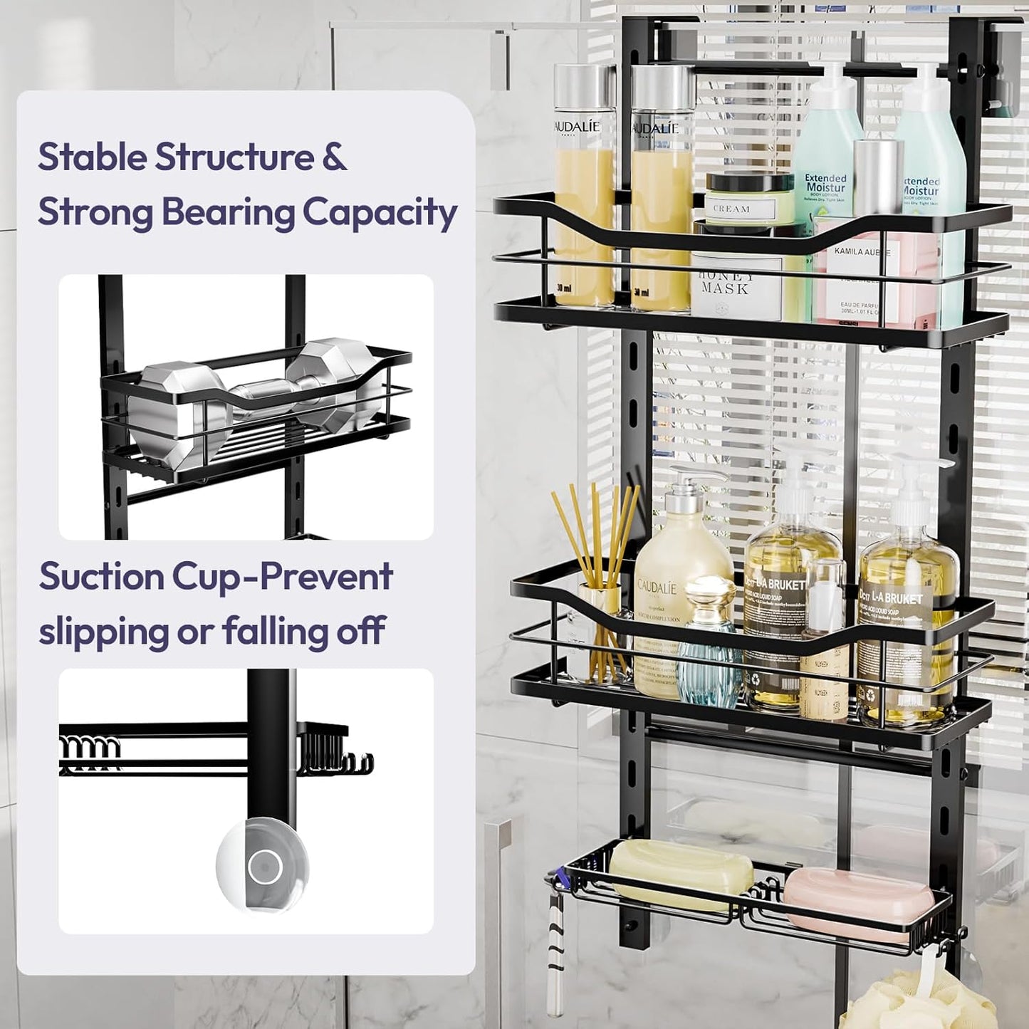 SWTYMIKI Over the Door Shower Caddy - 3 Tier Adjustable Shower Organizer Hanging with Soap Holder, No Drilling Stainless Steel Bathroom Rack Hanging for Body Wash, Shampoo, Soap, Razor, Black