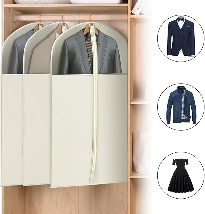 Univivi Suit Bags for Closet Storage, 40" Garment Bags for Hanging Clothes, Garment Bag for Travel and Storage with Large Visible Window for Suit Coat, Jacket, Sweaters (Set of 6), Biege