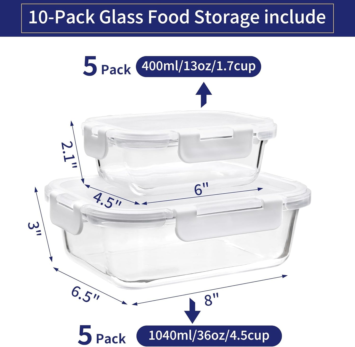 MFY 10-Pack Glass Storage Containers with Lids, Glass Meal Prep Containers Set, Airtight Lunch Containers with Lids, Microwave, Oven, Freezer and Dishwasher Safe, White