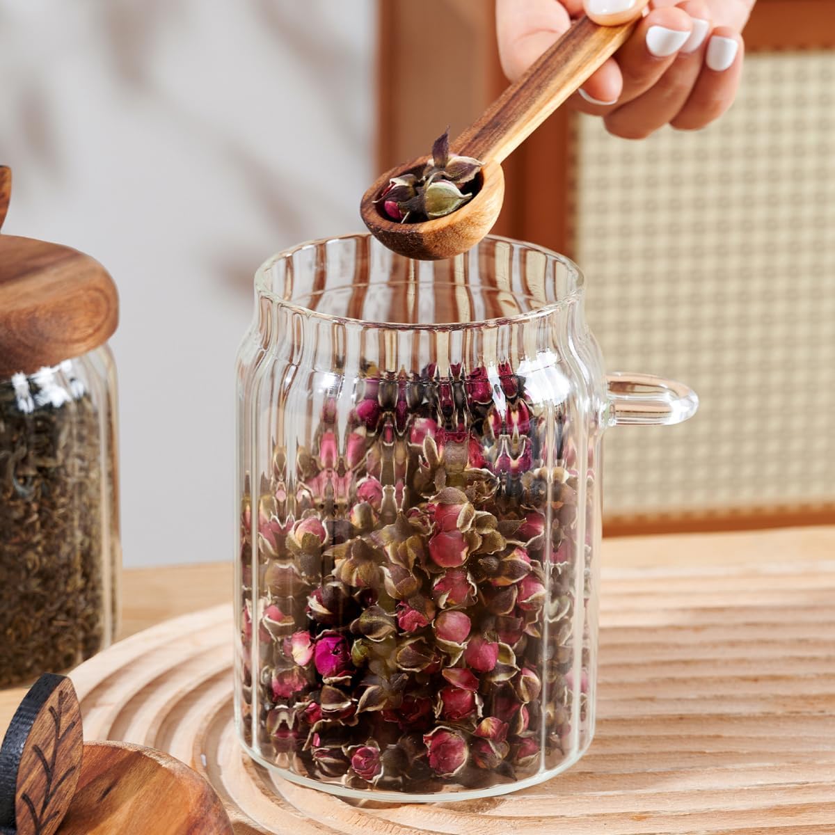 ANSQU 2 Pack Glass Jars with Wooden Lids and Spoons, 20.3oz Food Storage Containers Coffee Jar Coffee Grounds Container, Glass Food Storage Canister