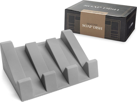 Silicone Soap Dish (USA Patented) Self Draining Bar Soap Holder for Shower Bathroom Sink, Drying Soap Dish Tray Kitchen Sponge Holder Easy Cleaning Soap Saver Mat (Light Grey, 1)