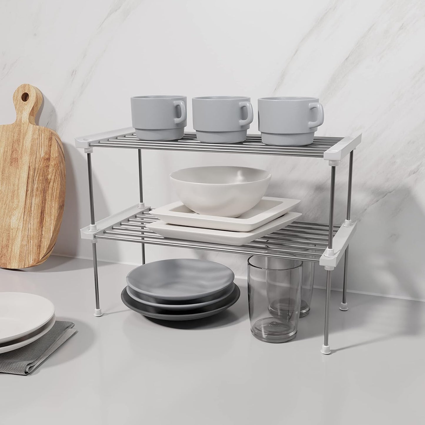 carrotez Cabinet Organizer Shelf, Set of 2 Stackable Kitchen Counter Shelves, Kitchen Cabinet Organizers and Storage, Pantry Storage Shelf Organizer, 15.7 x 7.8 x 6.1 - White