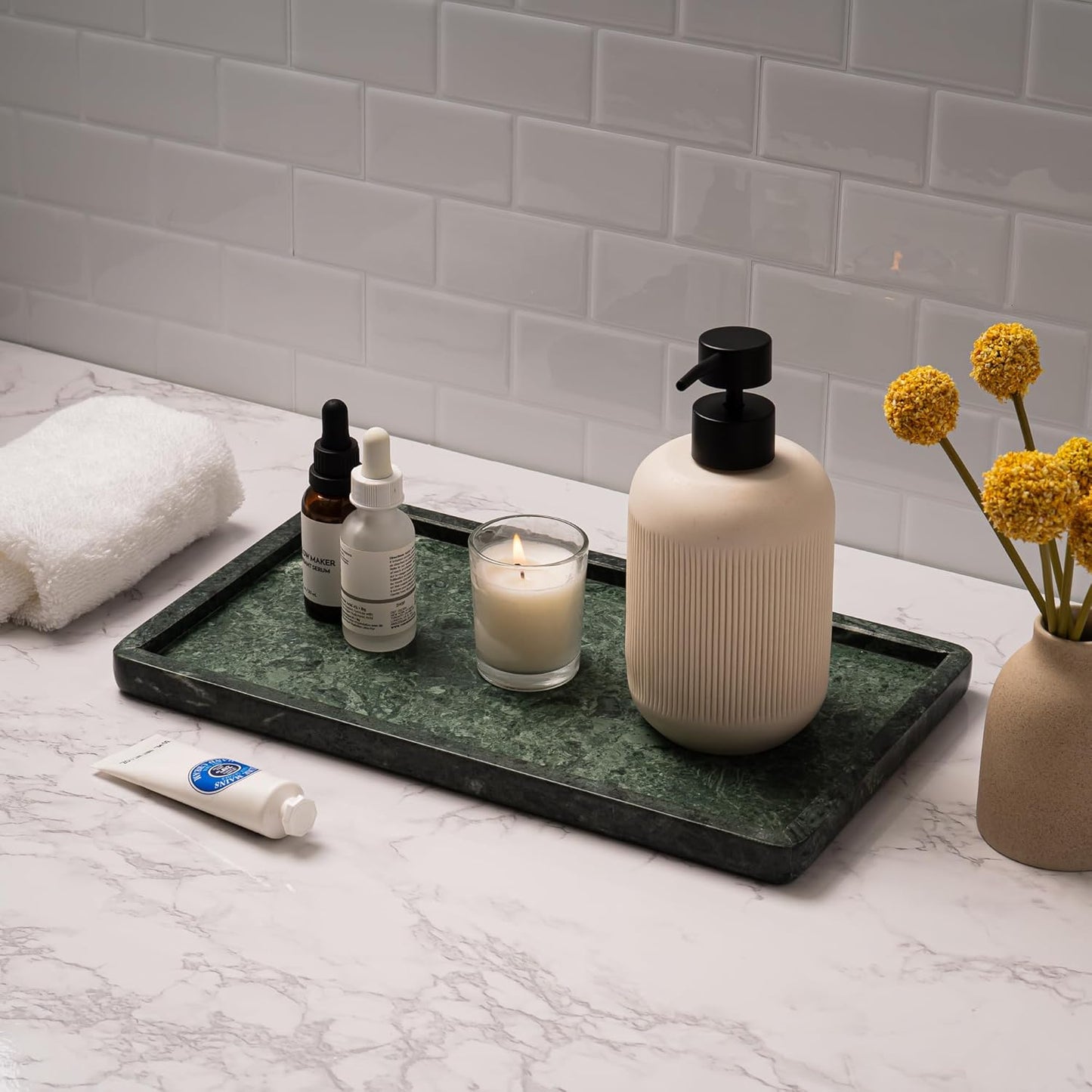 Cork & Mill Green Marble Tray for Bathroom Countertop, Kitchen Counter, or Catchall - 13" x 7½" Large Vanity Tray for Skincare or Perfume - Handcrafted Natural Marble Stone Organizer