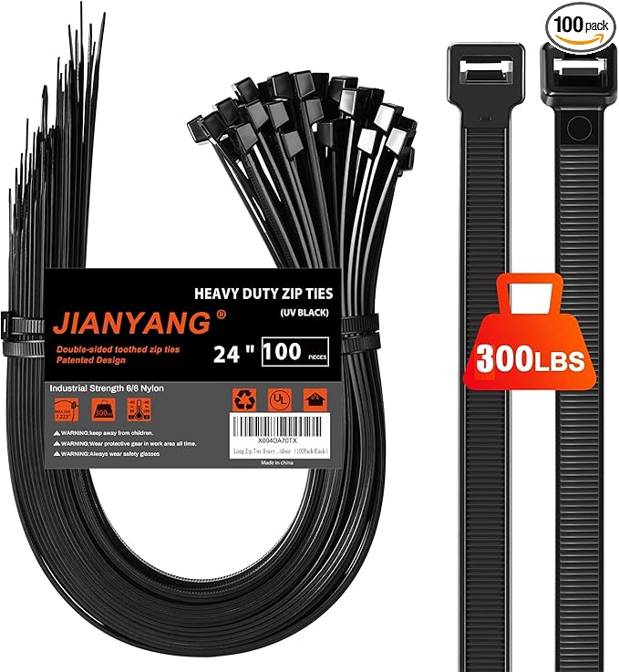 Long Zip Ties Heavy Duty 24 inch，300 LBS Tensile Strength With Double Sided Toothed Super Durable Cable Ties ，Extra Large Wire Ties Adjustable Nylon Tie Wraps for Indoor Outdoor （100Pack Black）