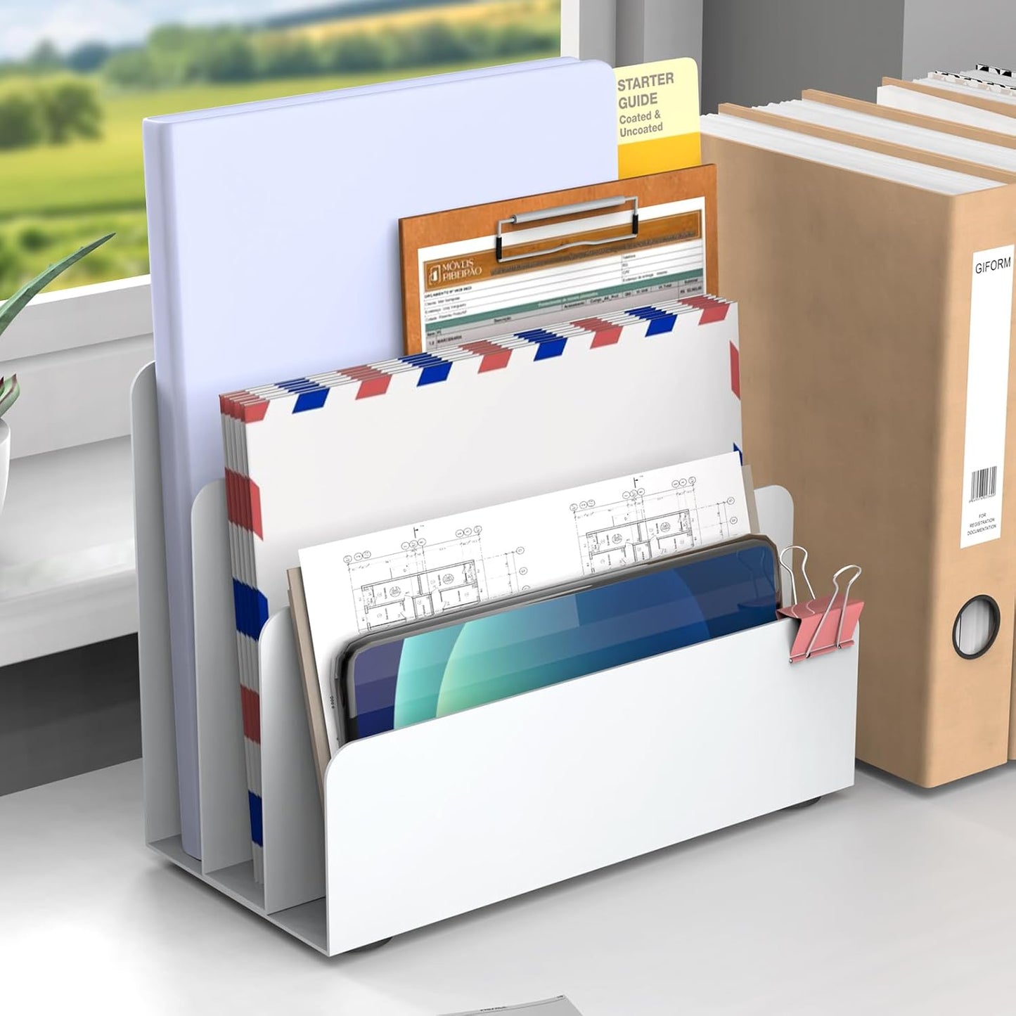 Mail Organizer Countertop, Small Desk File Organizer, Metal File Holder - Essential Workspace Organizers for Office Desk, Home Office (White)