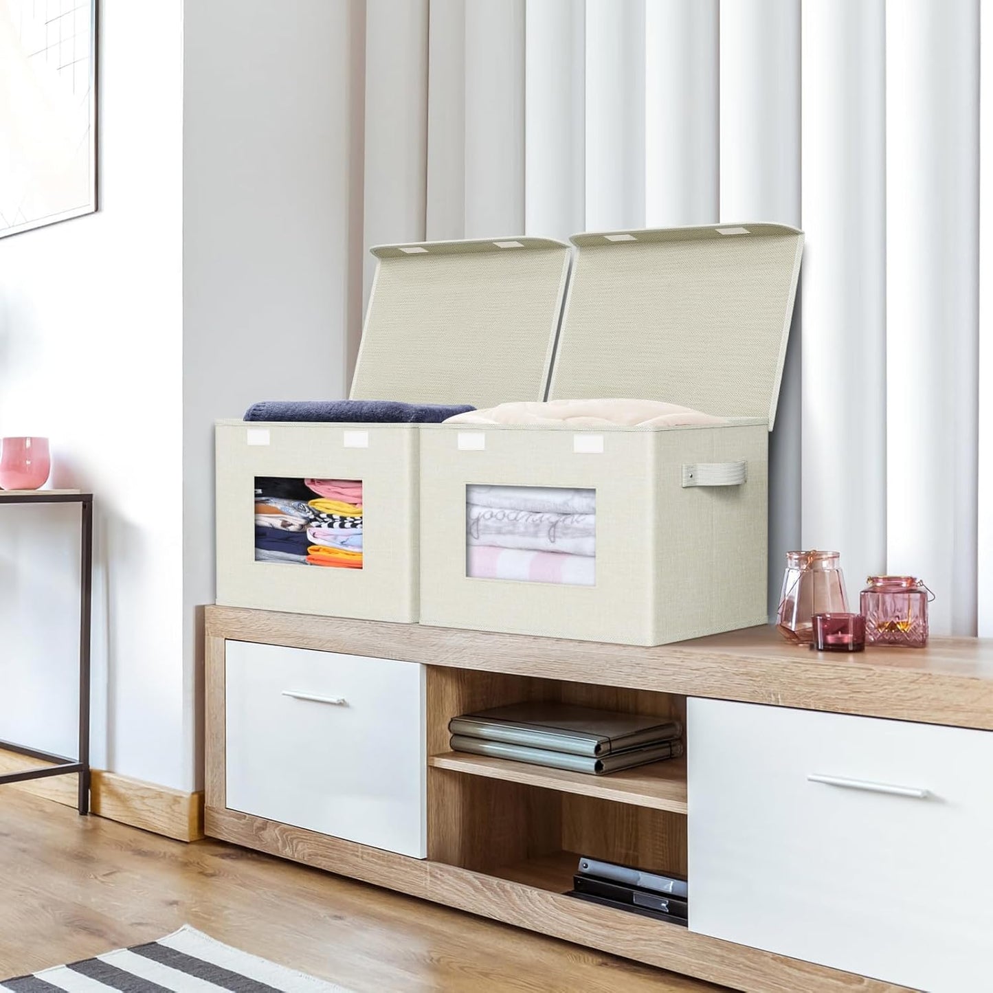 Univivi Fabric Foldable Storage Boxes with Lids [4-Pack] Collapsible Storage Bins for Clothes Closet Organizers with Handles Storage Cube Basket for Home, Office, Bedroom (Beige, 17"" x 12"" x 12"")