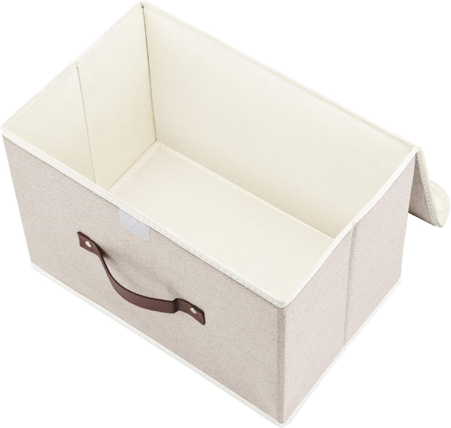 TYEERS Collapsible Storage Boxes, Washable Fabric Storage Bins with Lids, 14.9x9.8x9.8 inches, 3 Pack, Beige