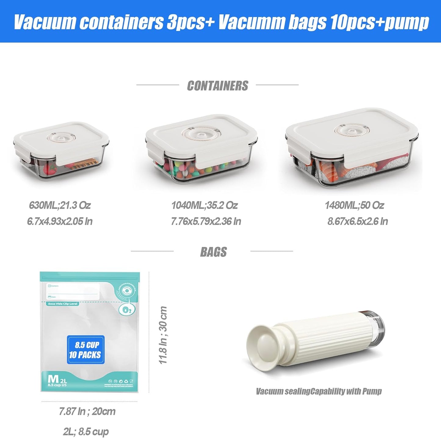 17 PCS Borosilicate Glass Food Vacuum Storage Containers, Vacuum Seal, Airtight,Pantry Kitchen Storage, Meal Prep, Lunch, Leftovers,3 Containers, 10 Reusable Food Saver Sealer Bags,4 Sealing Clips