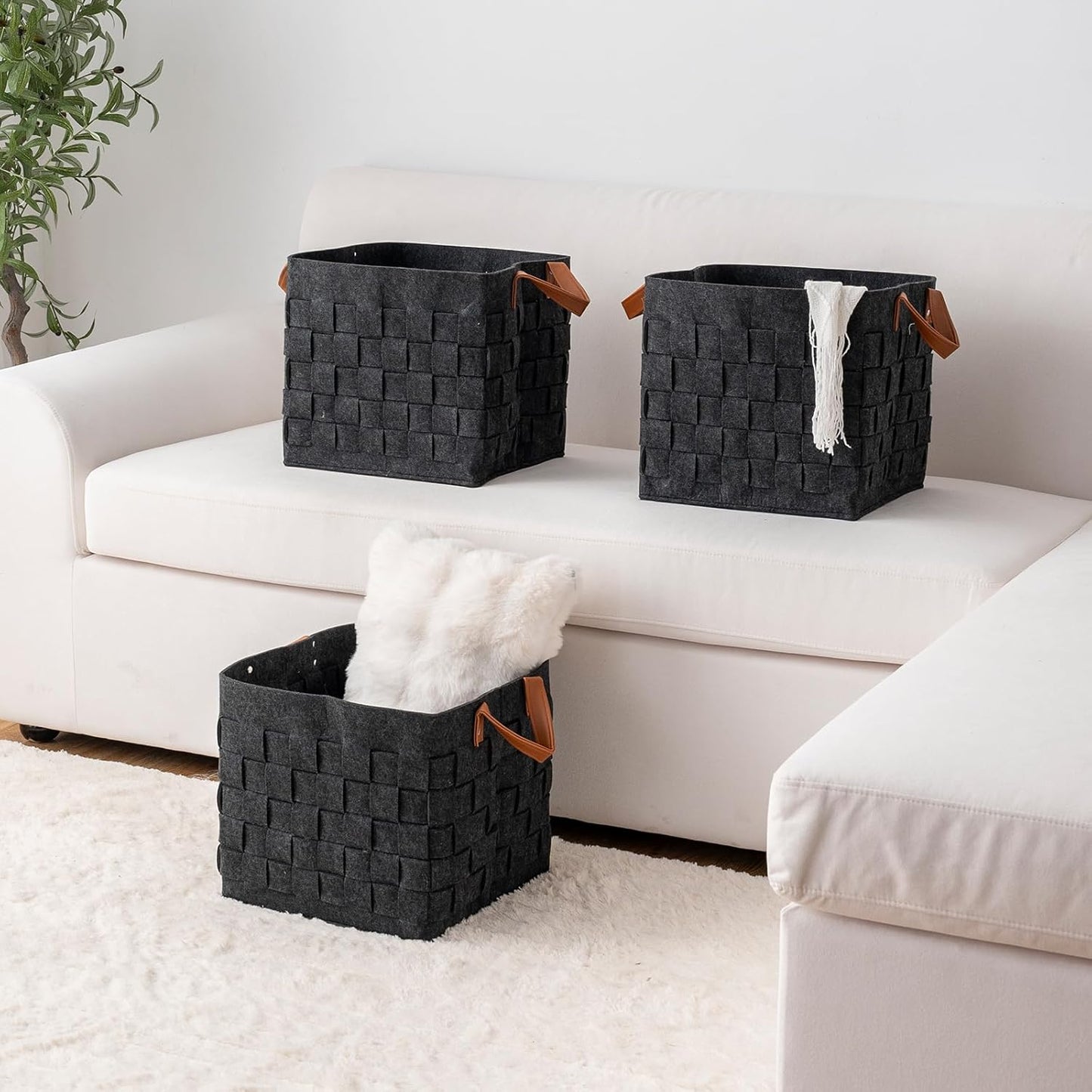 Storage Basket 3 Pack, 13" x13" x13 " Large Blanket Baskets with Leather Handle, Cube Felt Fabric Storage Box for Shelves, Bedroom, Nursery, Living Room - Dark grey