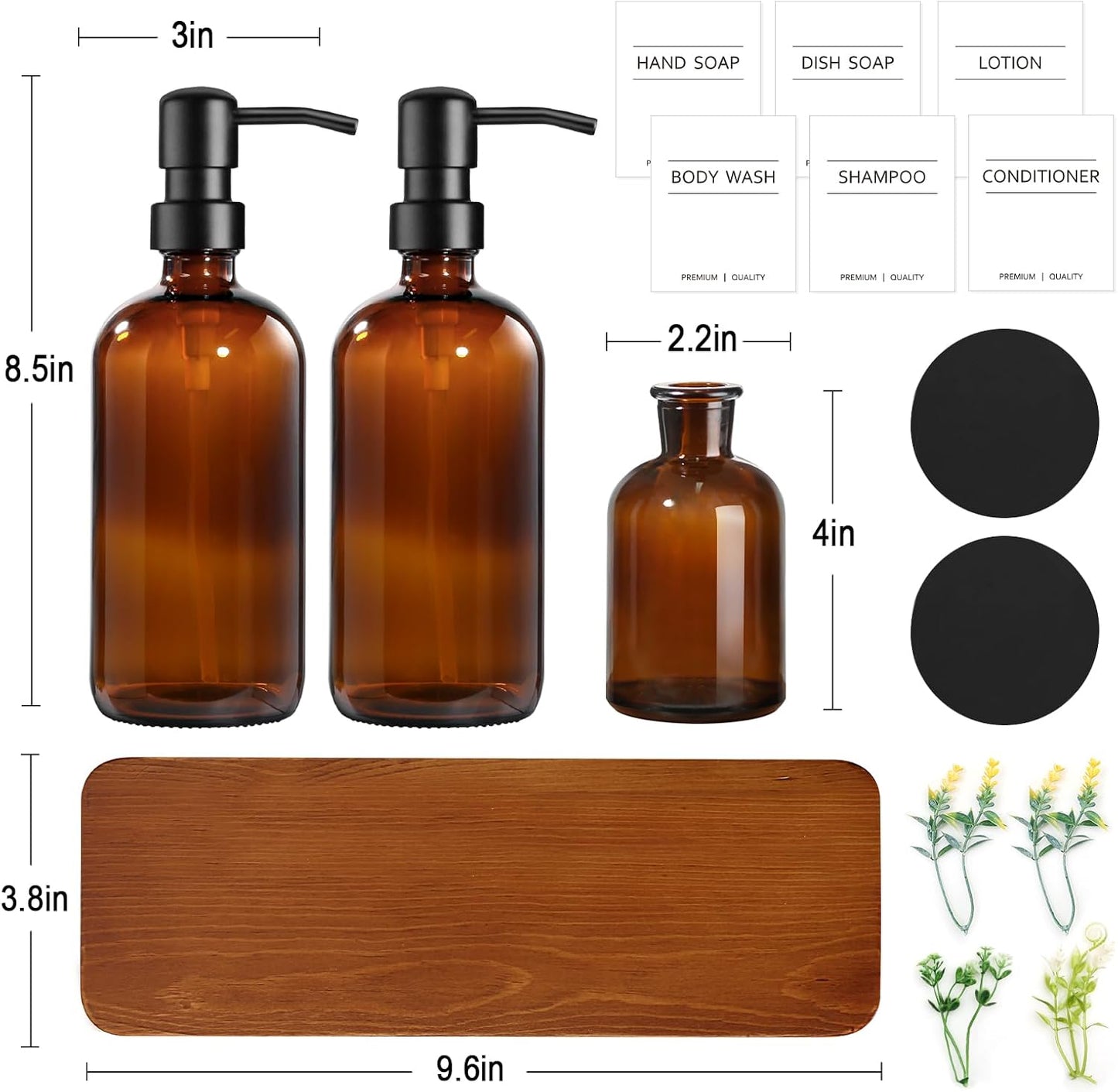 Kitchen Soap Dispenser Set with Wood Riser Tray, Amber Glass Soap Dispenser with Stainless Steel Pump, Hand and Dish Soap Dispenser Set for Kitchen, Soap and Lotion Dispenser Bathroom Decor(Amber)