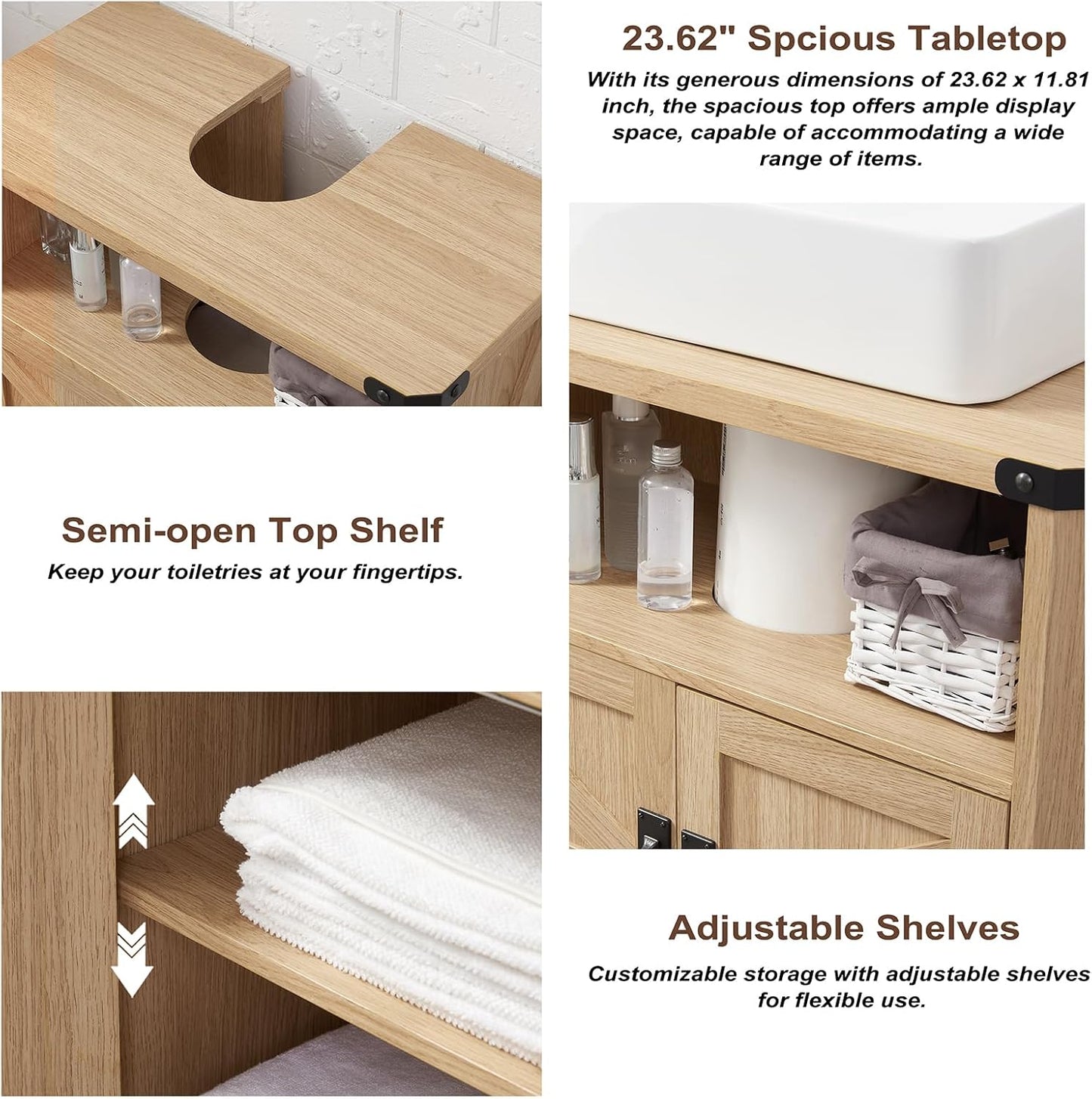 Bathroom Floor Cabinet, Adjustable Shelf, Barn Doors, Farmhouse Bathroom Storage Cabinet for Kitchen, Living Room (Natural Oak)