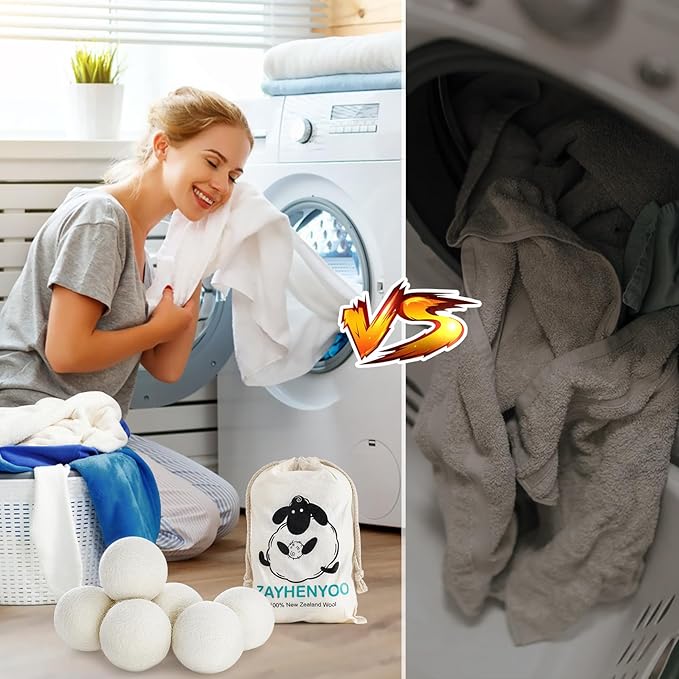 Wool Dryer Balls, 100% New Zealand Wool 12 Pack Reusable & Natural Fabric Softener Alternative Reduces Static Wrinkles Saves Drying Time, Ideal for Sensitive Skin Clothes(Brilliant White)