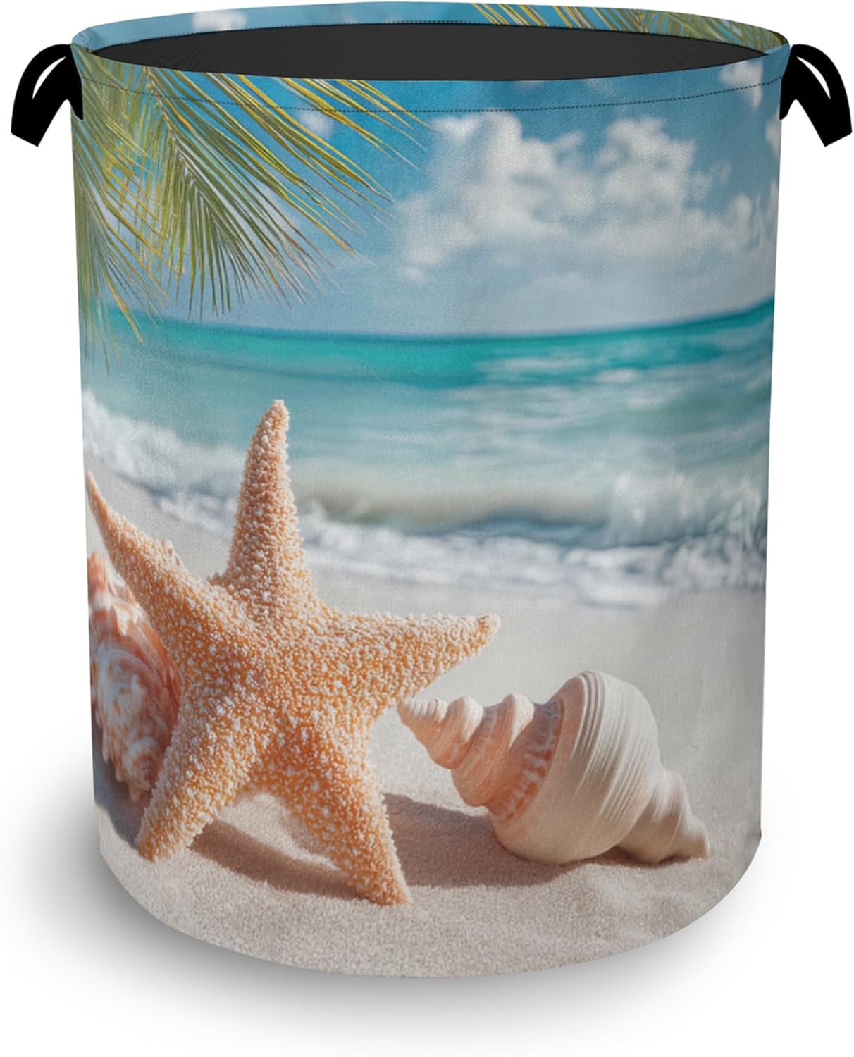 Starfish Shells Laundry Basket,Beach Oxford Cloth Laundry Hamper with Handle Foldable Portable Clothes Storage Basket for Bathroom Bedroom Dorm Room 16" x 20.8"