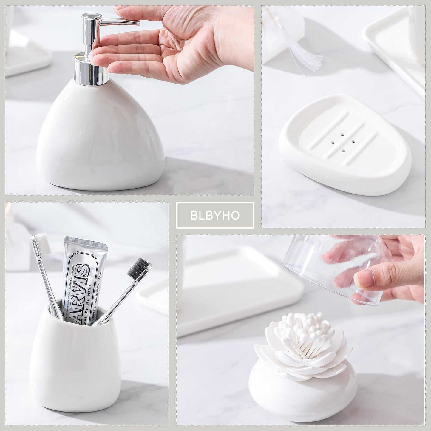 Ceramic Bathroom Accessory Set with Ceramic Tray, 6 Pieces Bathroom Countertop Accessory Set, Include Soap Dispenser, Toothbrush Holder, 2 Tumbler, Soap Dish, Vanity Tray,White