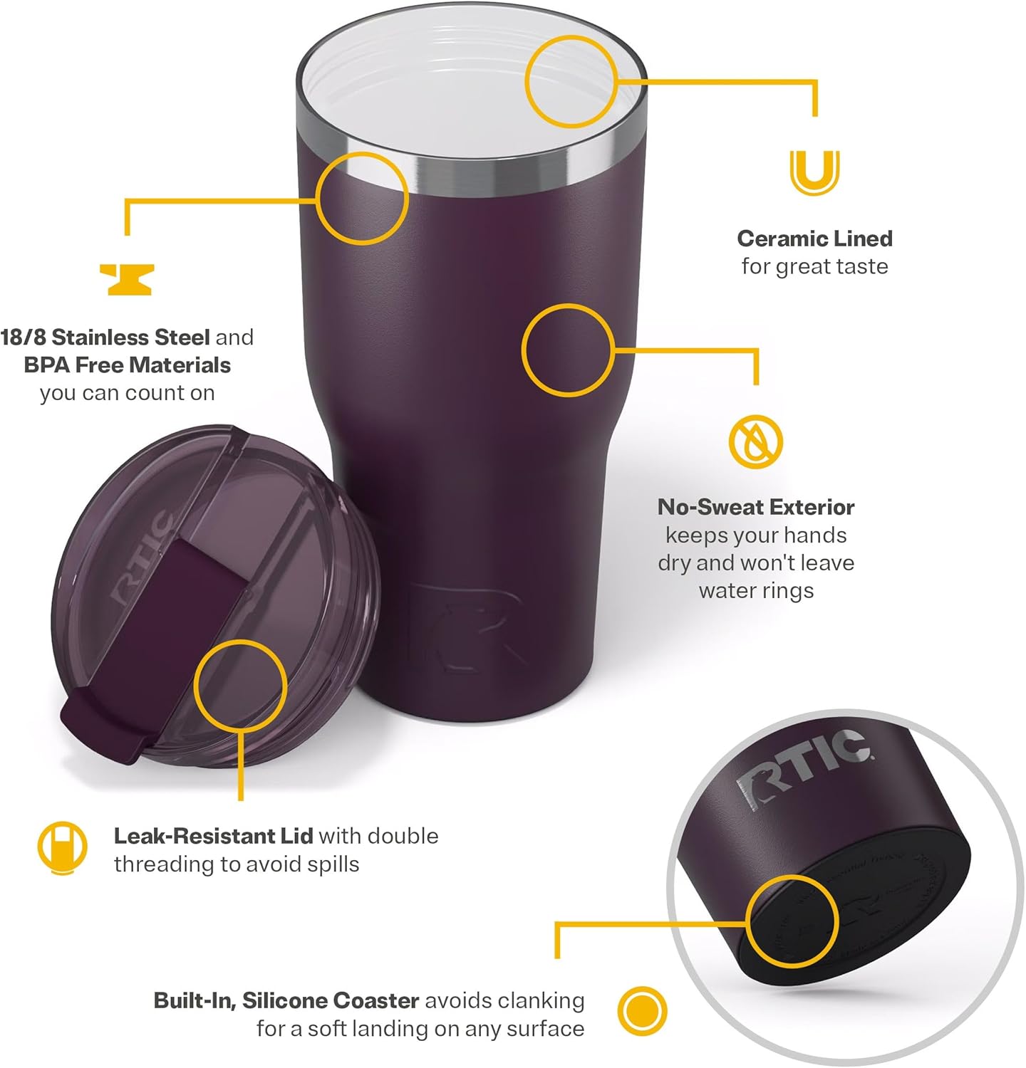 RTIC 30oz Essential Tumbler with Lid, Ceramic Lined, Insulated, Stainless Steel, Metal, Double Wall Vacuum-Insulation, Travel Cup for Iced Coffee, Tea, Hot and Cold Drink, Plum