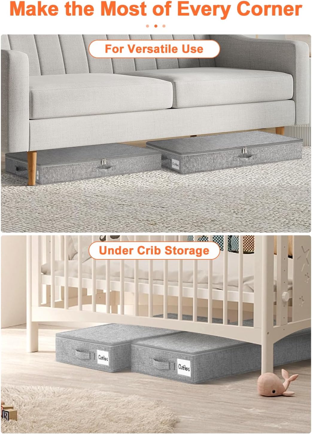 punemi Low Profile Under Bed Storage, 5 inches High Underbed Storage Containers With Sturdy Sidewalls & Bottom, Slim Under Couch Sofa Storage, Shallow Under Bed Organizer Clothes Storage Bins, 2Pack