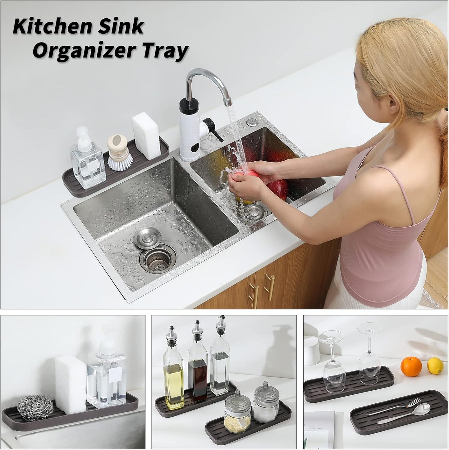 Silicone Kitchen Sink Organizer Tray for Multiple Usage,Eco-Friendly Sponges Holder for Kitchen Bathroom Counter or Sink,Dish Soap Dispenser,Scrubber,Bottle,Cup (Coffee, 12"×4")