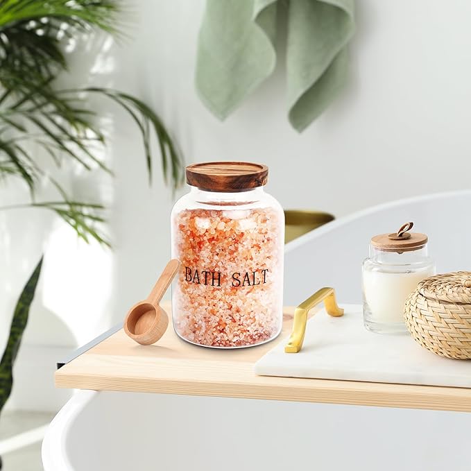 2Pcs 74 oz Glass Bath Salts Jar,Bath Salt Container with Wooden Lid and Scoop,Bathroom Organizers and Storage,for Bathroom Bath Decor,Home Decor,Bathtub Accessories for Women