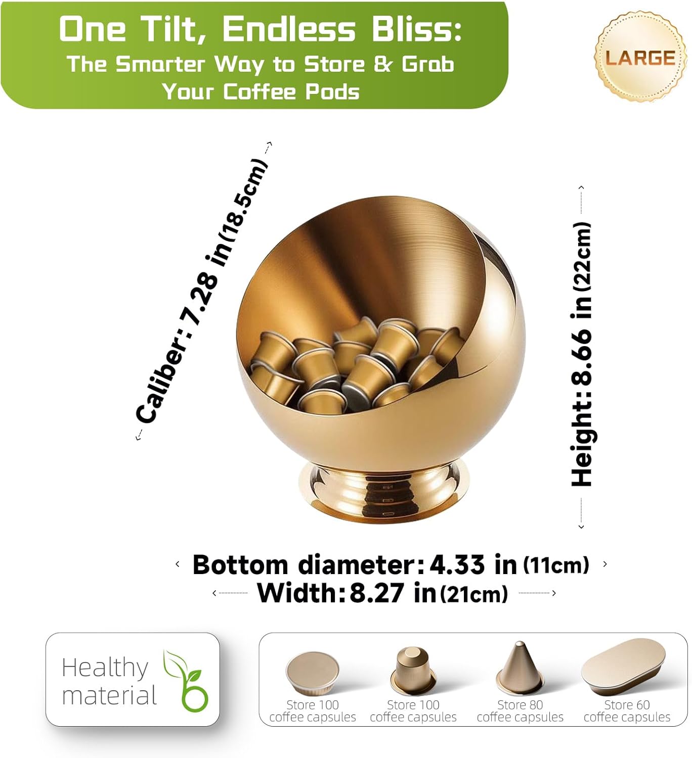 Large Capacity Coffee Pod Holder – Stainless Steel Pod Organizer and Holder | Stylish Coffee Bar Accessories & Countertop Storage (Gold with Base, L)