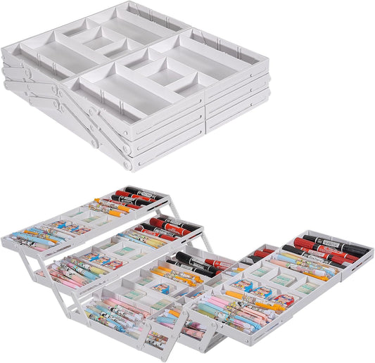 Aobiono Multi Level Smart Drawer Organizer, Multi Tier Expandable Storage Collapsible Foldable Trays for Jewelry, Cosmetics, Makeup, Tools, Battery (White, Double Row - 3 Levels)