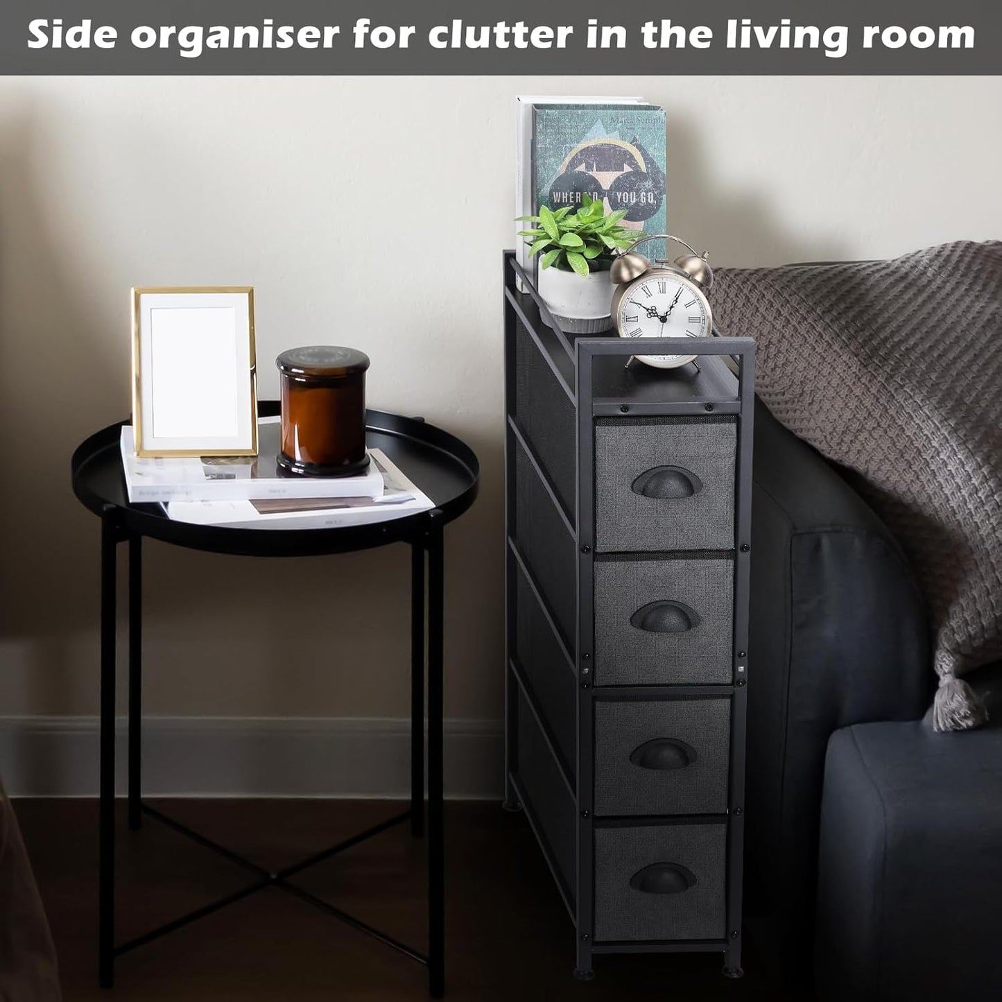 HAITRAL Narrow Dresser - 4 Drawers Slim Fabric Storage Cabinet - Vertical Standing Storage Chest - Gaps Tower Organizer with Removable Drawers and Wooden top for Laundry,Closet,Living Room,Entryway