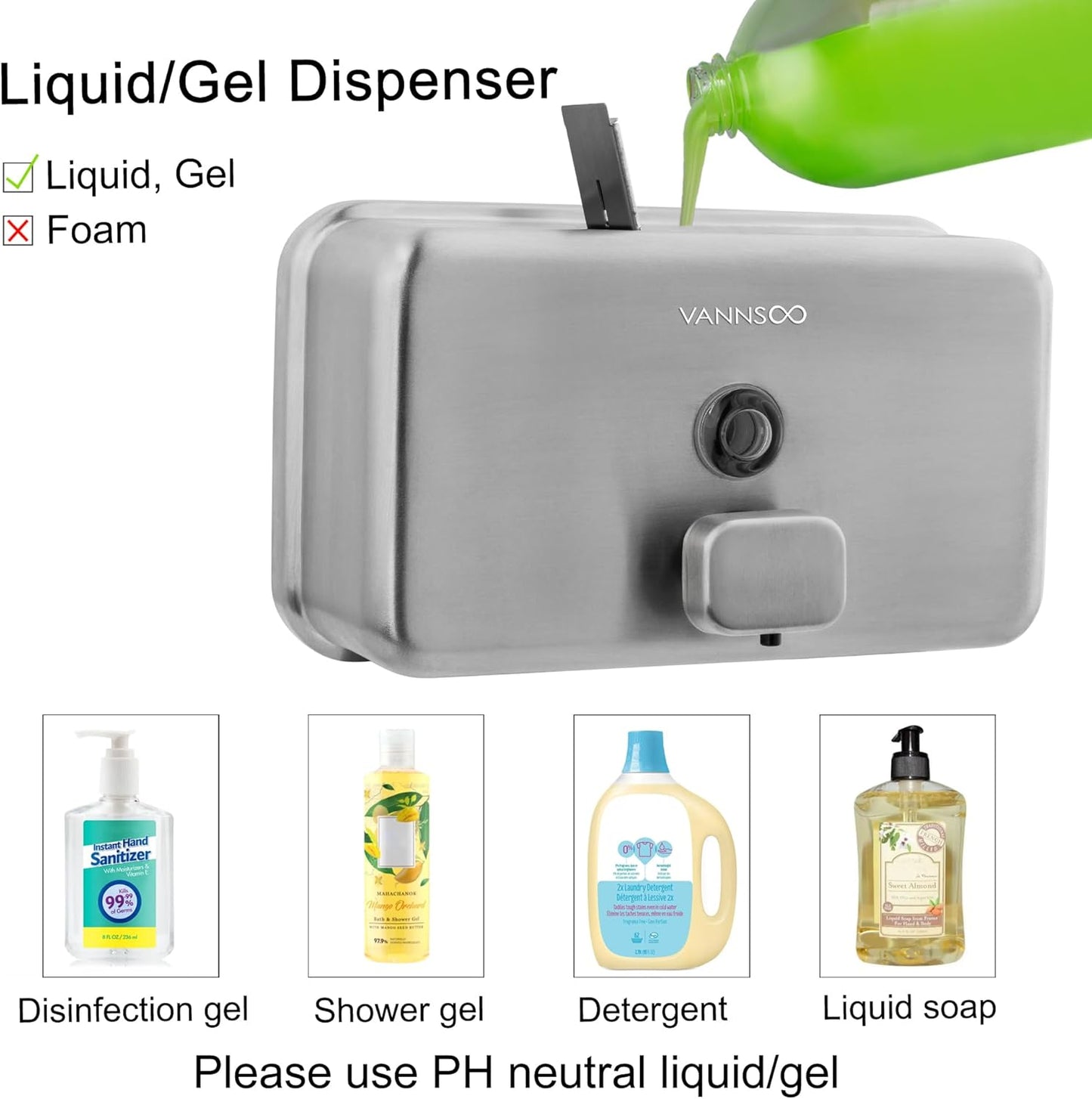 Wall Mounted Hand Soap Dispenser Bathroom, 1100ml 37oz Commercial Stainless Steel Liquid Soap Dispenser Wall Mount (Horizontal Brushed)
