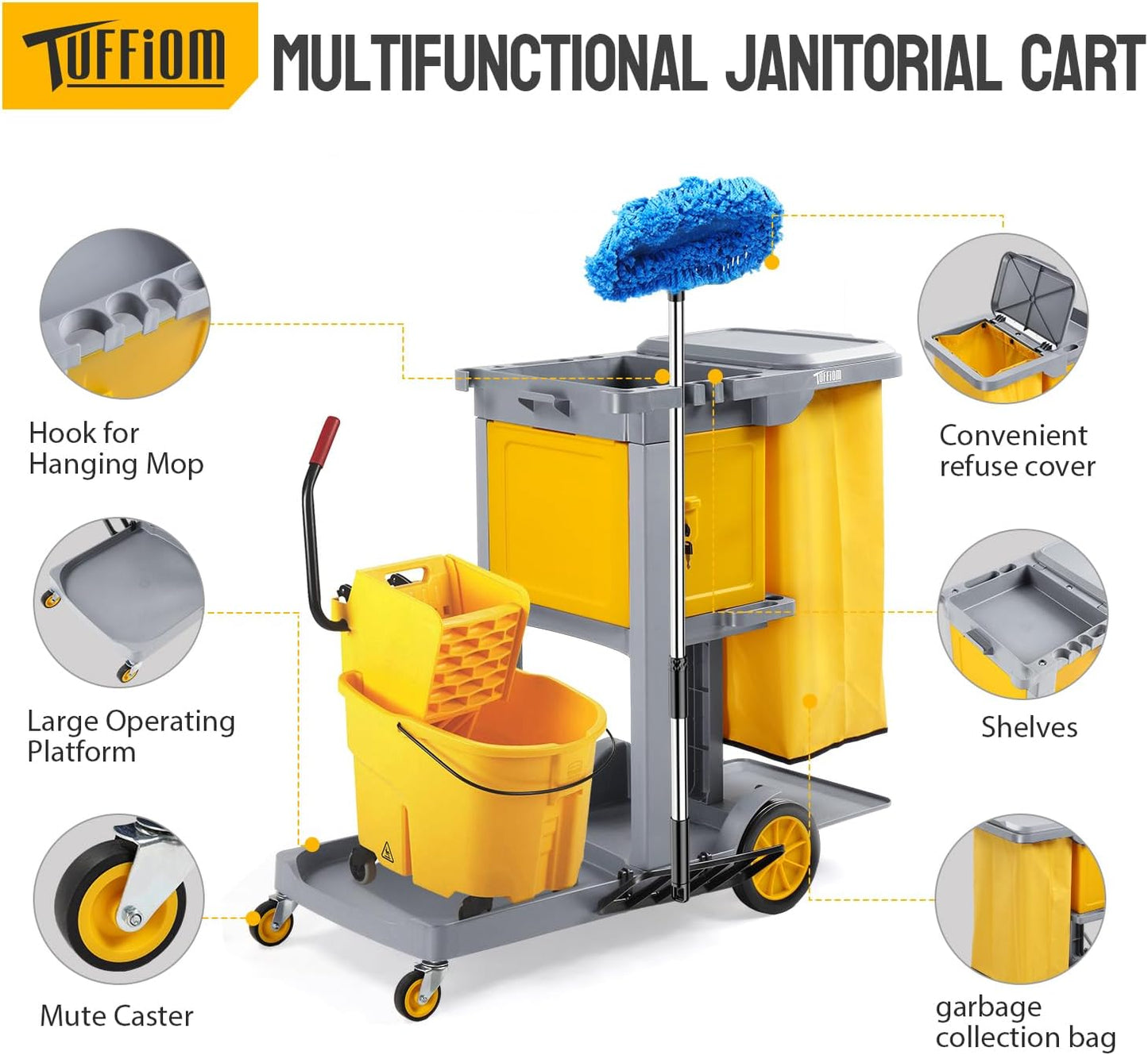 TUFFIOM Multifunctional Janitorial Cart with Key-Locking Cabinet,Cleaning Carts on Wheels,with 15 Gallon Collection Bag,500 lbs Capacity, Yellow&Gray