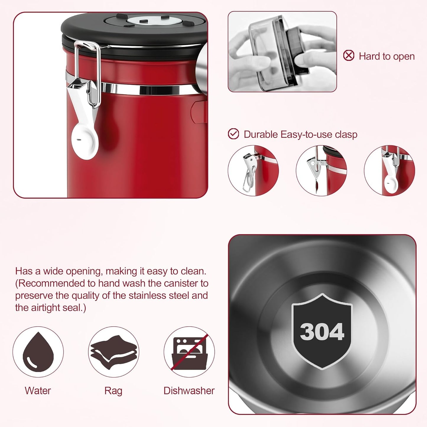 ShanSon Coffee Canister Airtight Coffee Container Stainless Steel Coffee Bean Storage Container with Scoop Coffee Canister for Beans Grounds Sugar Flour Tea Cereal,11OZ,Red