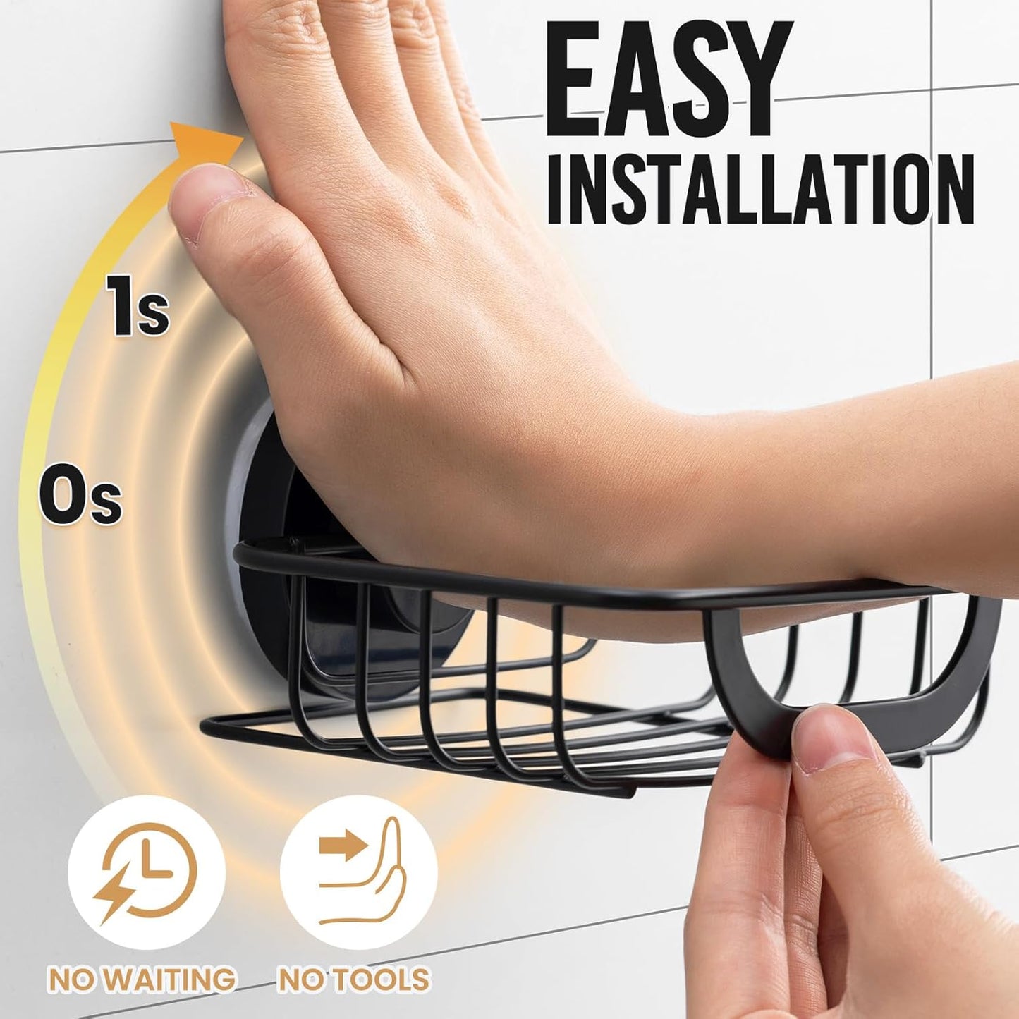 LEVERLOC Soap Holder Dish with Hooks for Shower, Bar Suction Cup Soap Tray Wall Mounted, Rustproof Stainless Steel Sponge Holder Caddy for Bathroom Bathtub Kitchen Sink, Black