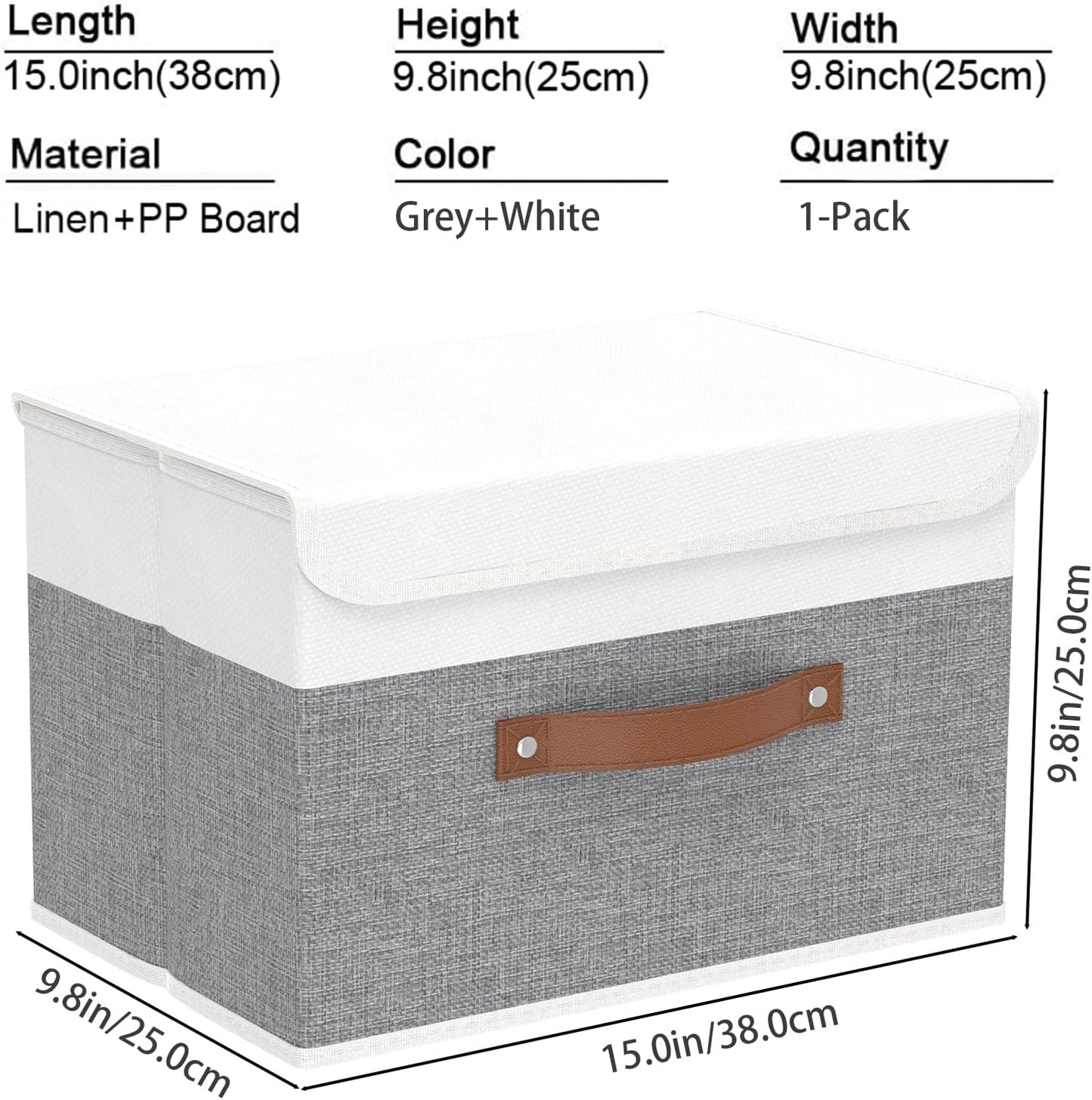 Yawinhe Storage Boxes with Lids, Linen Fabric Bin, Cube Organizer Basket, Washable and Leather Handle, for Home, Closet, White/Grey, 15.0''Lx9.8''Wx9.8''H, 1-Pack, USNK024WGL-1