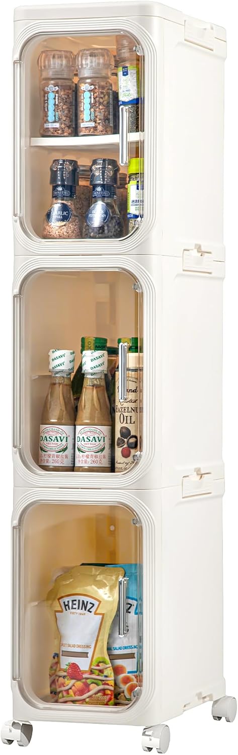 3-Tier Narrow Storage Cabinet Slim Bathroom Storage Cabinet with Movable Wheels Tall Bathroom Organizer Skinny Cabinet for Small Spaces，Beige