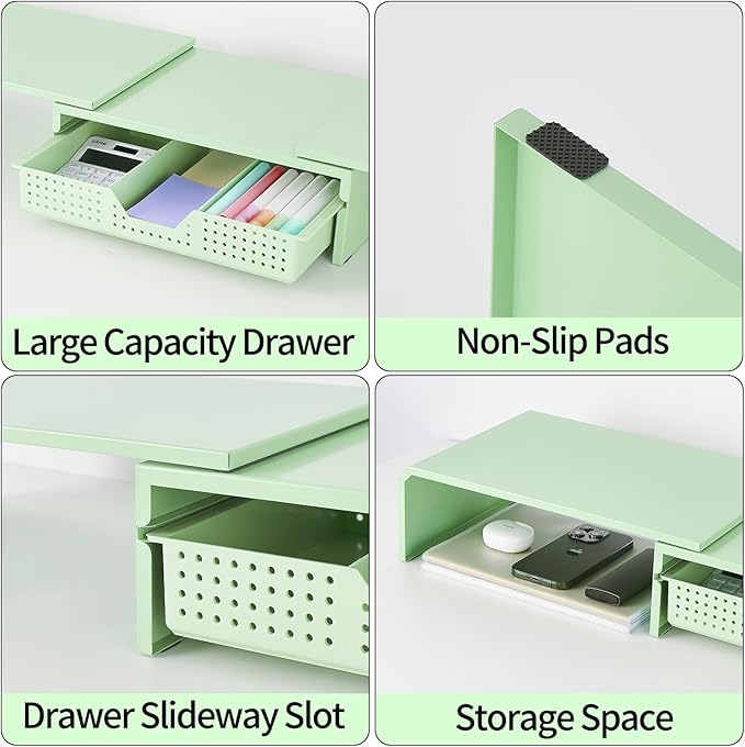 Dual Monitor Stand Riser with Drawer, Desk Organizer and Accessories, Metal Laptop Stand for Desk, Workspace Desktop Stand for Computer, Laptop, TV and More (Mint Green)