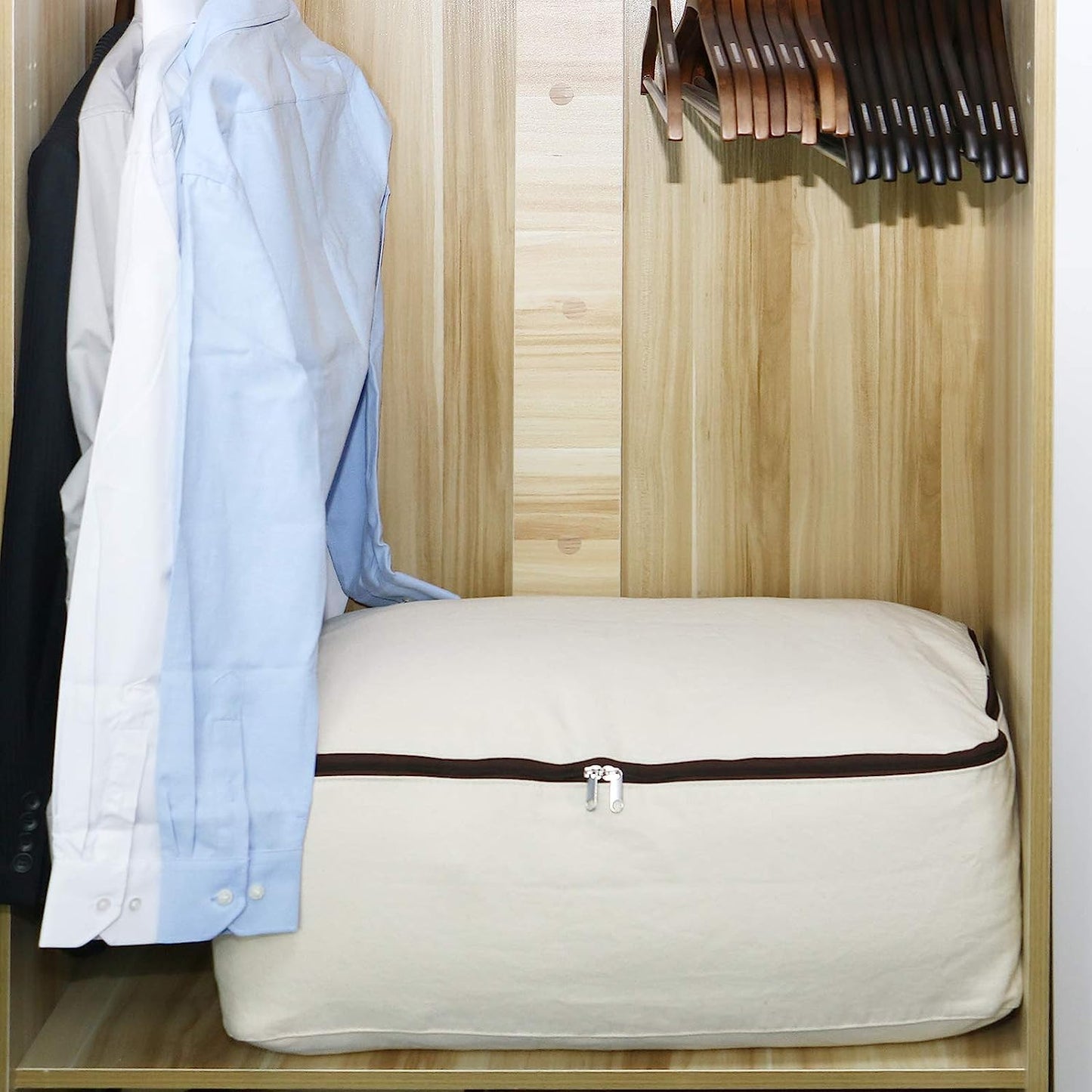 Omygarden 3 Pack Clothes Storage Bag Organizer with Sturdy Zipper for Quilts, Sweaters, Beddings, Blanket, Blouses and More, Beige