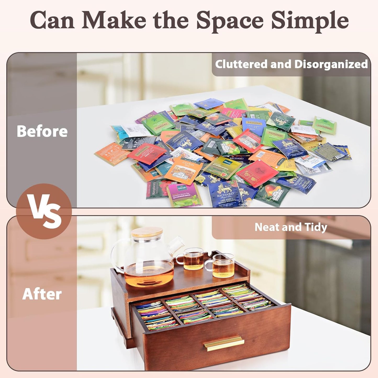 Tea Bag Organizer, Tea Organizers and Storage, Tea Box Organizer Storage Box, Tea Station Organizer for Countertop, Tea Caddy for Wood Tea Holder Organizers for Removable Drawer (Brown)