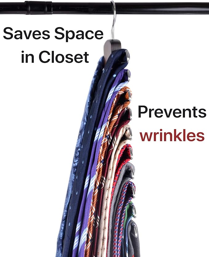 Umo Lorenzo 2 Pack Premium Wooden Necktie and Belt Hanger, Walnut Wood Center Organizer and Storage Rack with a Non-Slip Finish - 20 Hooks