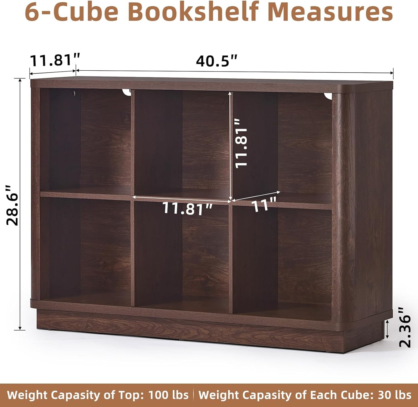 6 Cube Storage Bookcase, 40" Wide Low Horizontal Book Shelf with Curved Edge, Wood Floor Standing 2-Tier Bookshelf with Base, Farmhouse Short Book Case for Bedroom, Living Room, Office, Walnut