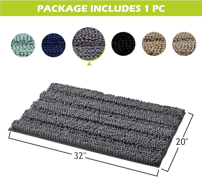 KGORGE Gray Bathroom Rugs - Non Slip Water Absorbent Washable Anti-Skid Super Soft Chenille Kitchen Mats for Living Room Bedroom Floor Small Area Bath Rugs for Tub Shower, 20" W x 32" L, 1Pc