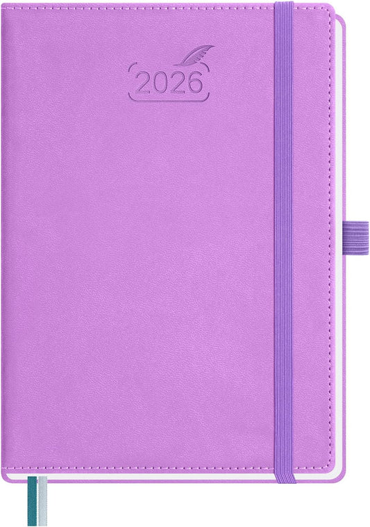 BEZEND 2026 Planner Weekly and Monthly (6" x 8.5") Daily Calendar with Half-Hourly Timeslots & Tabs (Jan-Dec) Note & Expenses, Pen Holder, Inner Pocket, Vegan Leather Hardcover - Lavender