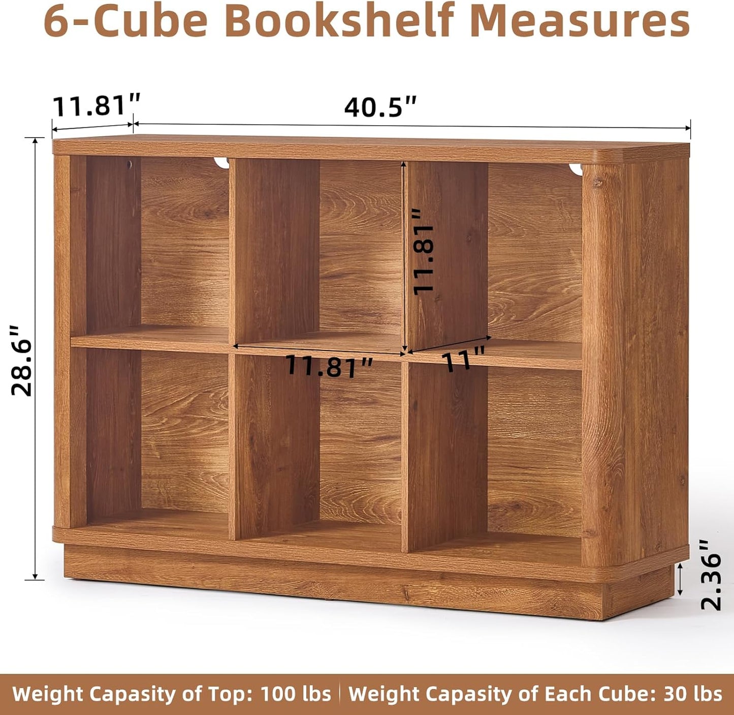 6 Cube Storage Book Shelf, 40" Wide Low Horizontal Bookcase with Curved Edge, Floor Standing 2-Tier Wooden Bookshelf with Base, Modern Short Book Case for Bedroom, Study, Entryway, Brown
